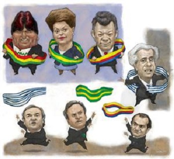 Quelli che vogliono restare: Evo, Dilma e Santos; quelli che vogliono tornare, Vázquez, e quelli che vogliono arrivare, Larrañaga, Neves e Zuluaga. Foto: Illustrazione Ippoliti