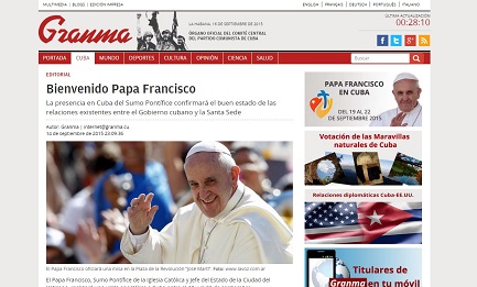 GRAMNA: “BIENVENIDO PAPA FRANCISCO”. Prima pagina del quotidiano del Partito comunista cubano all’ospite in arrivo