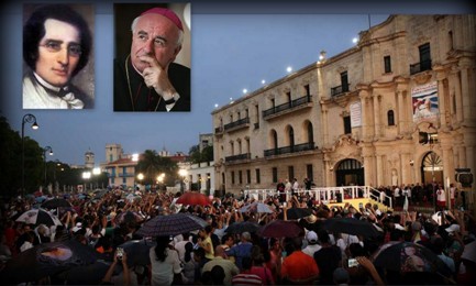 Papa Francesco al momento dell’arrivo nella sede del Centro Felix Varela di L’Avana. In alto un ritratto di Varela e il postulatore Vincenzo Paglia