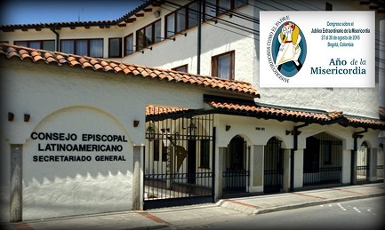 La sede del CELAM a Bogotà, con il lemma del Congresso