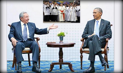 Il primo incontro tra Obama e Castro il 17 aprile 2015 (Efe). Nel riquadro il cardinale Jaime Ortega