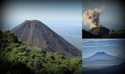 Il vulcano Coatepeque, nella foto grande e, di fianco Llopango, con tonalità azzurra, entrambi in El Salvador. Il vulcano con pennacchio è Santa Maria, in Guatemala