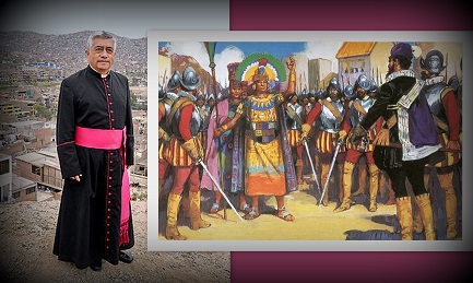 Una immagine del “processo” di Pizarro ad Atahualpa. Il parroco Guillermo Inca Pereda
