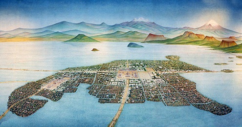 Pittura di Tenochitlan, la capitale azteca costruita al centro del lago dove oggi sorge Città del Messico