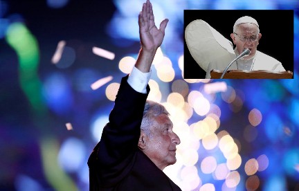 López Obrador, eletto presidente del Messico il 2 luglio. Nel riquadro Papa Francesco